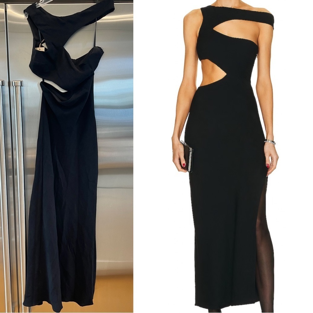 NWT Staud Prismatic Black Ribbed Cutout Maxi Dress in black asymmetrical lined